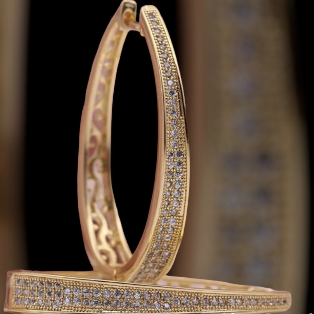 14K Gold Plated Natural White Zircon Two Sided Patterned Hoop Earrings